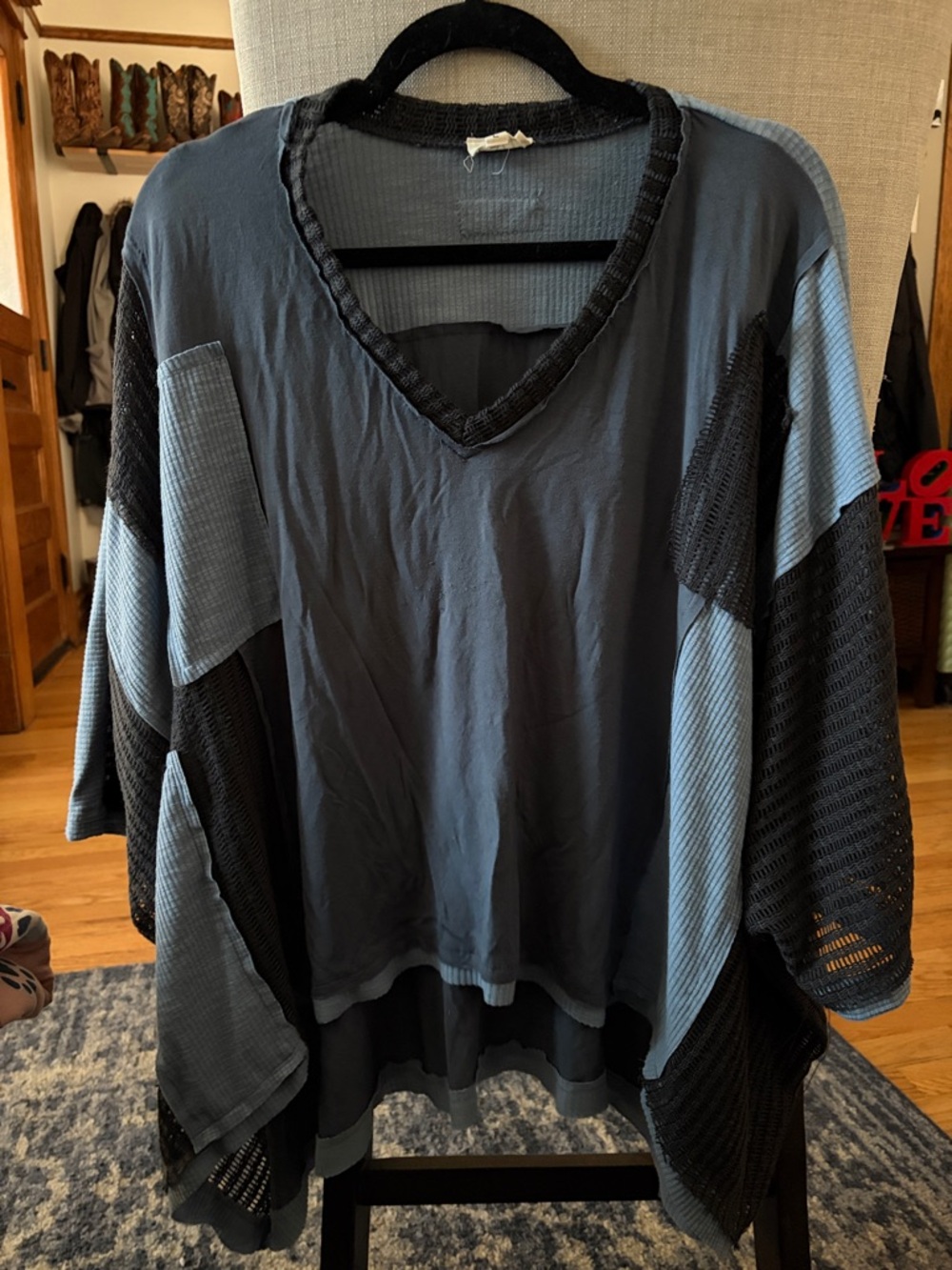 POL Patchwork V-Neck Tunic in Blue & Black